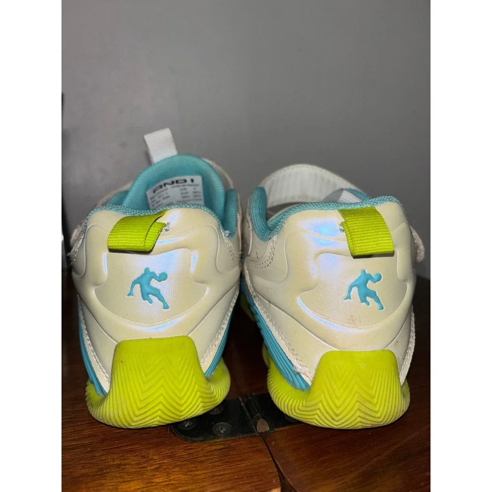 AND1 Basketball Shoes Boys Sz 6 White Blue‎ Lime Green Hook Loop Sneakers